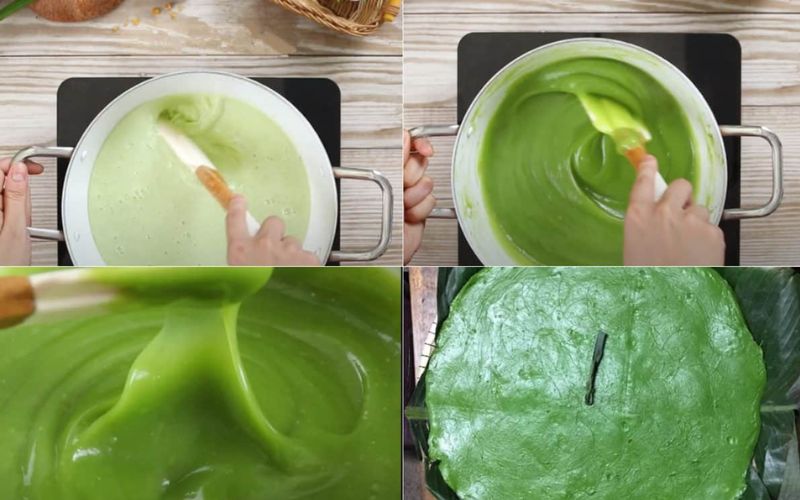 Sau khi bột đã chín, bạn đổ bánh ra mẹt hoặc khay đã lót lá chuối